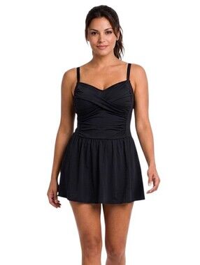 Denim & Co. Black Sweetheart Neckline Ruched Swim Dress Size 20W